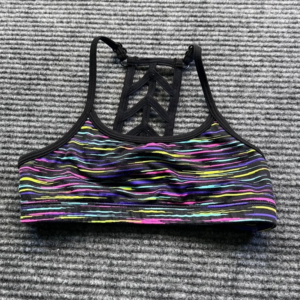 Justice Girls Size 28 Neon Multi Color Strappy Back Adjustable Sports Bra Black